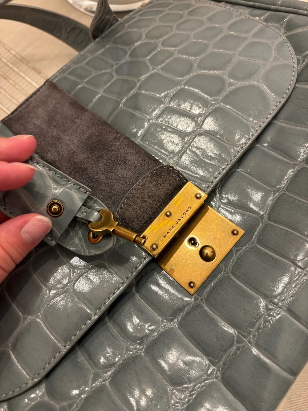 RARE Marc Jacobs Slate Blue Croc-Embossed Italian Leather Satchel with Gold